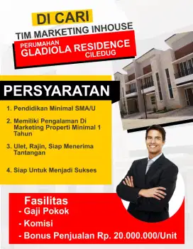 Dibutuhkan marketing inhouse properti peletakan di perumahan ciledug
