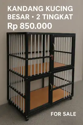 Kandang Kucing 2 Tingkat – Rangka Aluminium + Roda + Lantai Kayu Kokoh