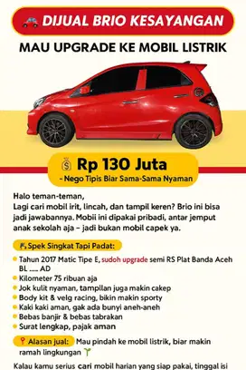 Dijual Brio Kesayangan mau Upgrade Mobil Listrik