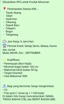 URGENT DIBUTUHKAN SPG UNTUK SENIN 28 JULI