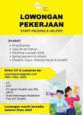Lowongan Staf Packing & Helper Online Shop - Toko Alat Tehnik