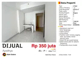 Dijual Apartemen 2BR Unfurnished SHM di Ayodhya Tangerang Kota