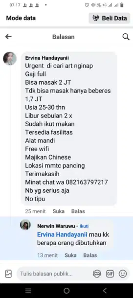 Urgent  di cari art nginap
Gaji full
 
No tipu