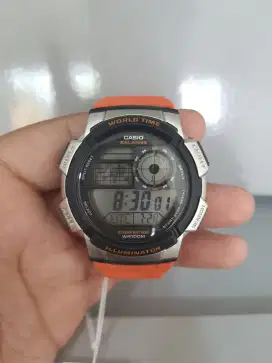 Casio AE‑1000W‑4BVDF Original – World Time Oranye , Baterai 10 Tahun