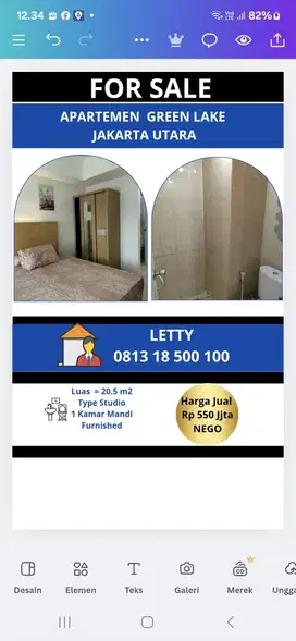 Apartemen Green Lake Sunter Jakarta Utara Rp 550 Juta Nego