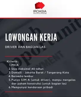 Loker Jak-bar Kurir Motor,  Driver Produksi, Teknisi Las dan Listrik