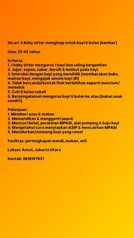 Dicari 2 baby sitter untuk bayi kembar 6 bulan
