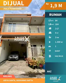 Dijual Murah Rumah 2 Lantai Full Furnish di Griya Shanta Kota Malang