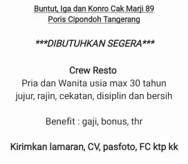 Lowongan Kerja Crew Resto Rumah Makan Poris Cipondoh Tangerang