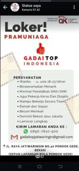 Lowongan Pekerjaan PT Gadai Top
