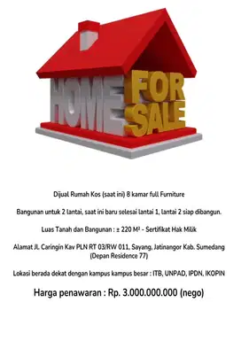 BISMILLAH DIJUAL KOS 8 Kmr+9 KM+Full Furniture+Dapur(dkt KAMPUS2BESAR)