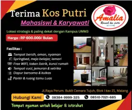 Kos Putri Amalia, 50 meter depan kampus UMM3 Malang