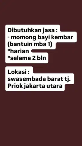 Dibutuhkan jasa momong bayi kembar (bantuin mba 1)