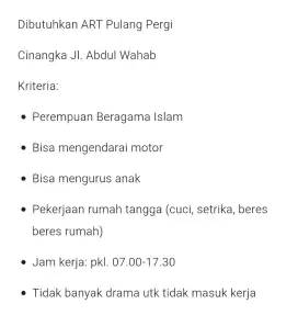 Dibutuhkan Asisten Rumah Tangga di cinangka jl. Abdul wahab