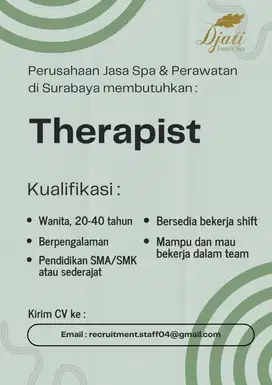 Loker Therapist untuk perusahaan Spa & Treatment di Surabaya