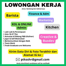 Dicari beberapa staff untuk Kuliner area Bandung & Sekitarnya