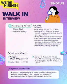 LOKER PICKER/ HELPER PACKING/ WALK IN INTERVIEW