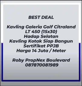MURAH, Kavling Citraland Galeria Golf dkt puncak taman golf bgi