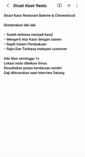 Dicari Kasir Resto