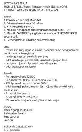 LOWONGAN KERJA MOBILE SALES MESIN EDC & QRIS