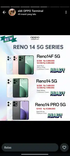 Oppo Reno 14F 8/256 5G sudah ready ya