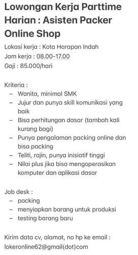 Lowongan Kerja Parttime Harian : Online Shop