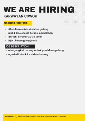 DICARI KARYAWAN COWOK UNTUK ANGKAT BARANG