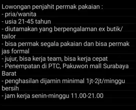 Lowongan penjahit permak penghasilan dijamin tinggi