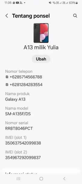 Dijual samsung a13 ram 6/128 blm pernah service  minus garis dibwa