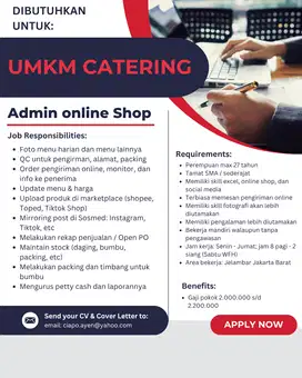 Dicari admin online shop for UMKM catering