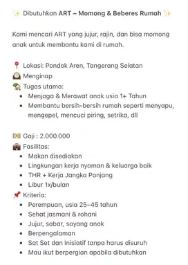 Dibutuhkan ART Momong & Beberes