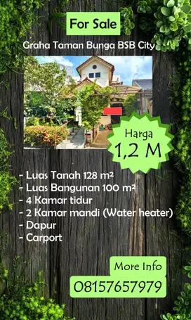 Dijual Cepat Rumah 2LT Graha Taman Bunga BSB City