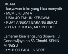 LOWONGAN KERJA / LOKER KARYAWAN TOKO - bisa nyetir mobil