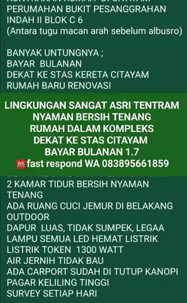 DIJUAL RUMAH KOMPLEKS DEKAT KE STAS CITAYAM