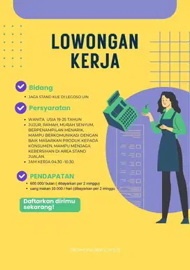 Dicari yang mau serius kerja jaga stand kue