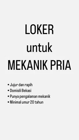 LOKER MONTIR / MEKANIK BEKASI