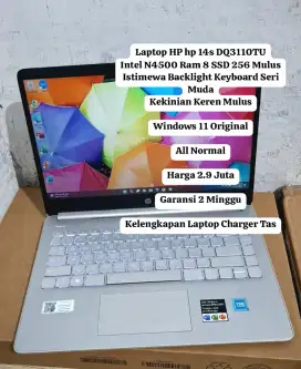 HP hp 14s DQ3110TU
Intel N4500 Ram 8 SSD 256 Mulus Istimewa