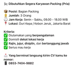Di butuhkan Karyawan Packing Pria (Lokasi Jakbar Tanjung Duren