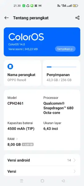 oppo reno 8 ram8/256