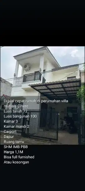 Jual Murah Rumah di Perum Vila Mutiara Cinere Krukut depok