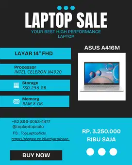 ASUS A416M  SPESIFIKASI - INTEL CELERON N4020 - RAM 8 GB - SSD 256 GB