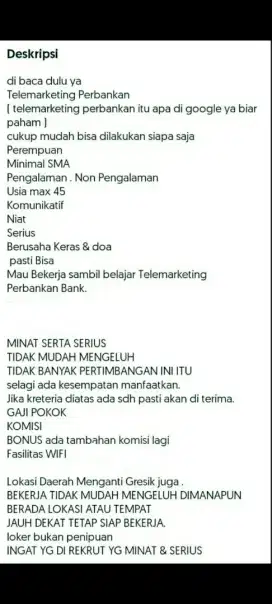 Loker Telemarketing Perbankan Bank utk Karyawati area Menganti&Sekitar