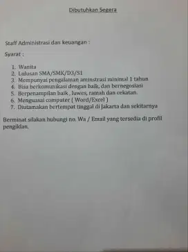 Dibutuhkan staff Administrasi dan keuangan
