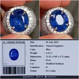 Natural Blue Sapphire 6.23ct Srilanka + GRI + Silver HM
