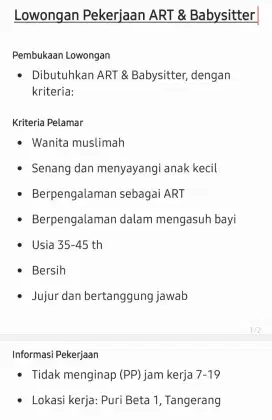 DIBUTUHKAN SECEPATNYA ART DAN BABYSITTER