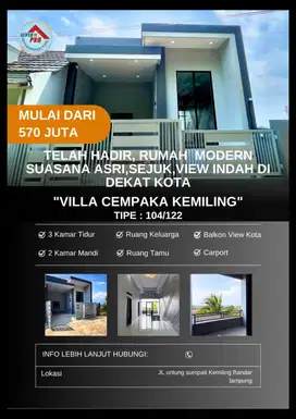 DI JUAL RUMAH KONSEP VILLA 2 LANTAI DI KEMILING BANDAR LAMPUNG