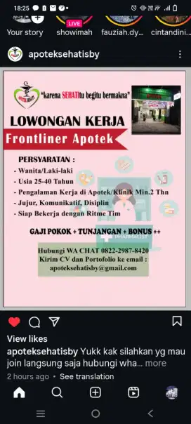 Di butuhkan frontliner apotek sehati