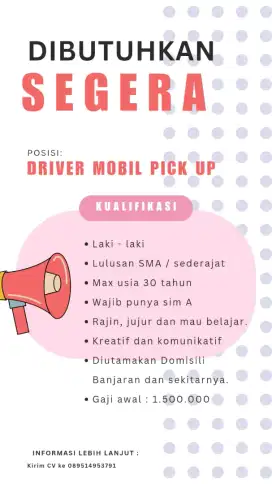 Dicari driver untuk toko alumunium