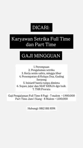 LAUNDRY SETRIKA FULL TIME DAN PART TIME