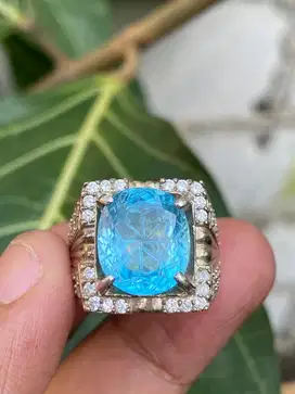 Batu Natural Swiss Blue Topaz Ring Perak